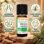 Huile essentielle cèdre Atlas Florame bio avec bénéfices drainage lymphatique et peau clarifiée