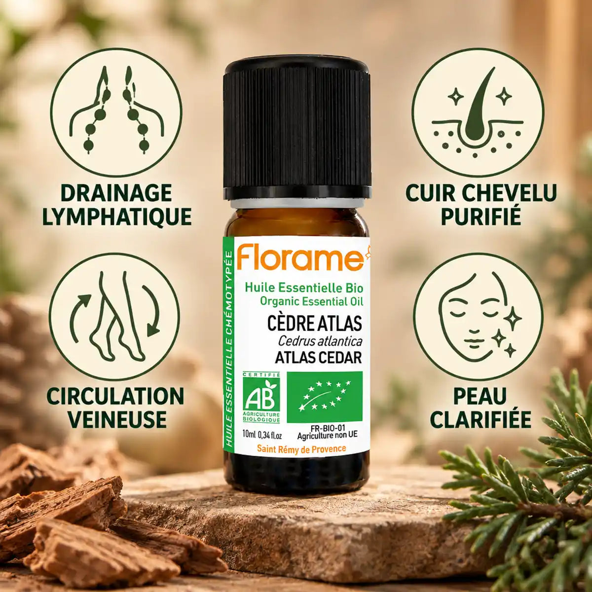 Huile essentielle cèdre Atlas Florame bio avec bénéfices drainage lymphatique et peau clarifiée