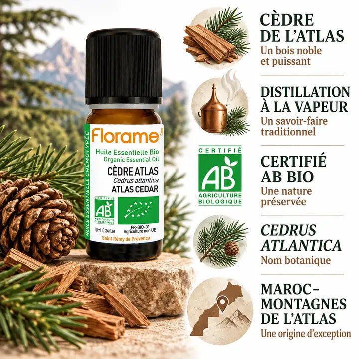Huile essentielle de cèdre Atlas bio Florame avec infographie ingrédients et certification AB