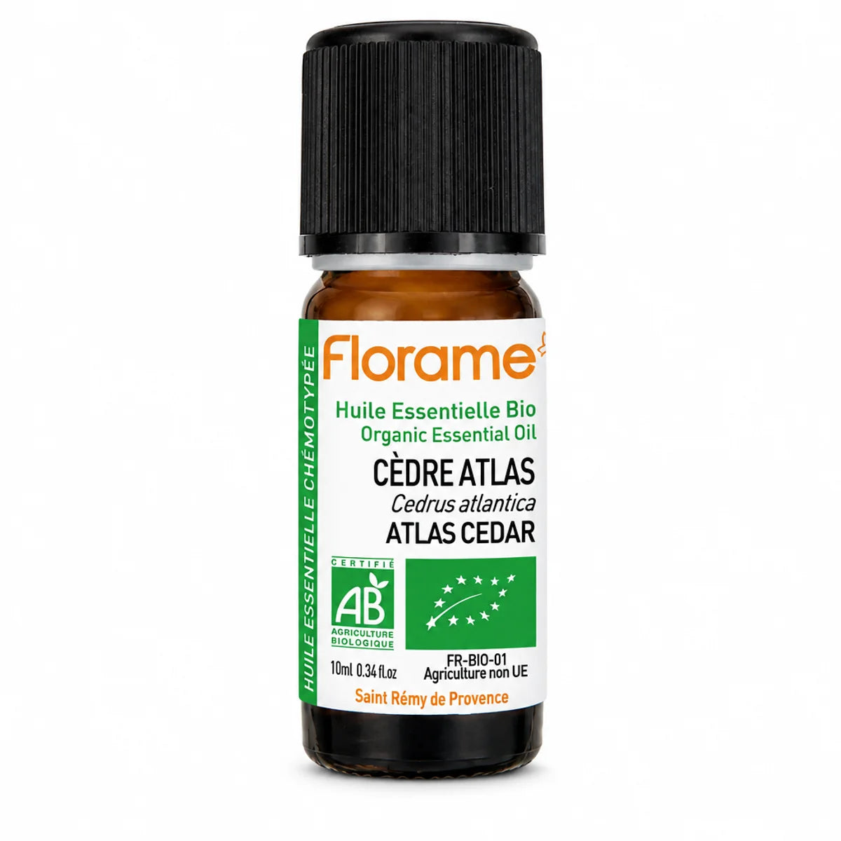 Flacon Huile Essentielle de Cèdre Atlas Bio Florame 10ml verre ambré avec étiquette verte certifiée