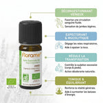 Huile essentielle de cyprès bio Florame avec infographie des bénéfices décongestion veineuse et expectorant