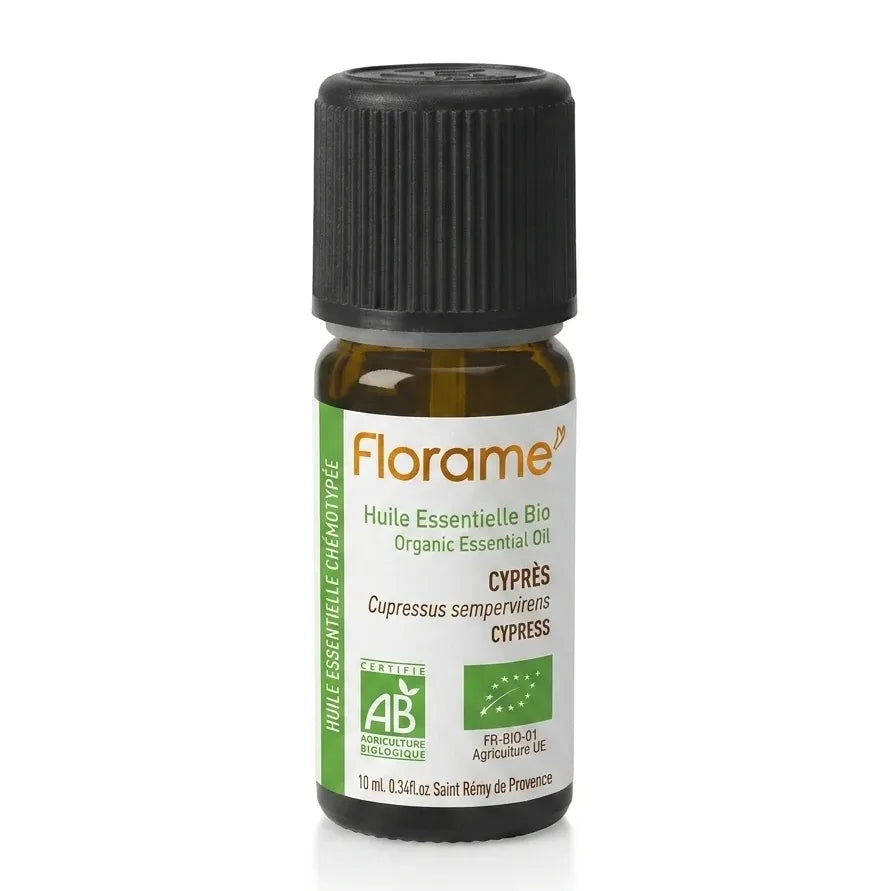 Flacon d'huile essentielle de cyprès bio Florame 10ml en verre ambré avec bouchon noir