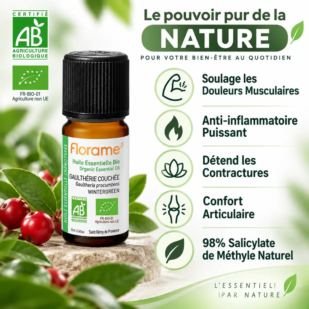 Huile essentielle Gaulthérie Florame bio avec bénéfices : douleurs musculaires, anti-inflammatoire, articulations