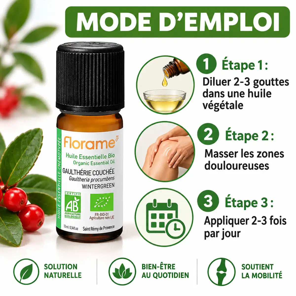 Florame huile essentielle gaulthérie couchée bio - mode d'emploi et instructions d'utilisation