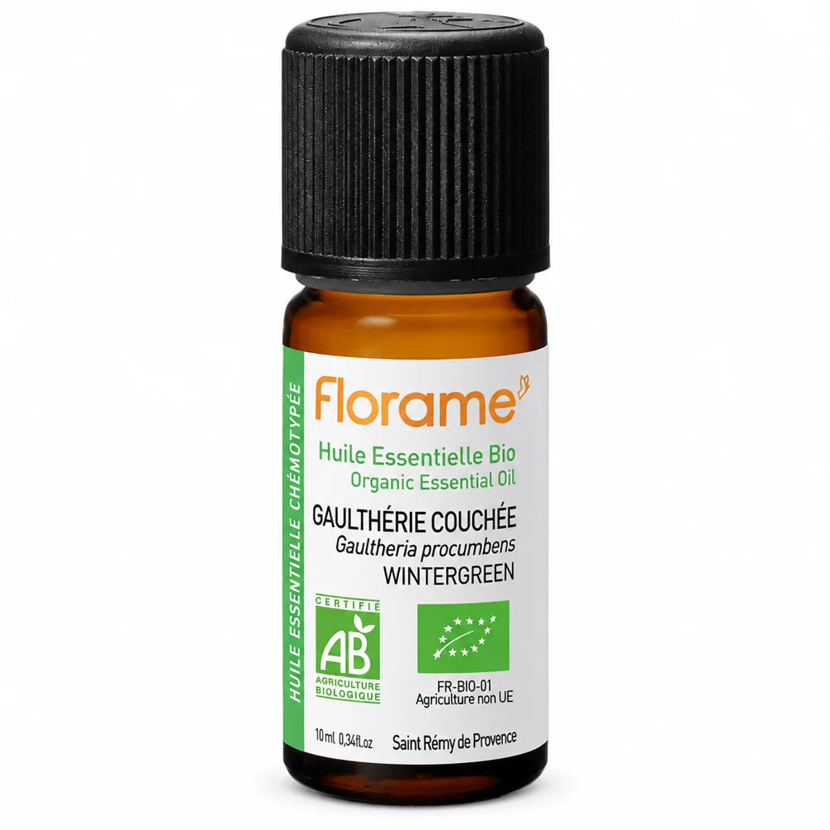 Huile essentielle de Gaulthérie couchée bio Florame en flacon verre ambré avec label certifié AB