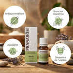 Huile essentielle Khella Pranarom avec flacon, packaging et bénéfices antispasmodique et bronchodilatateur