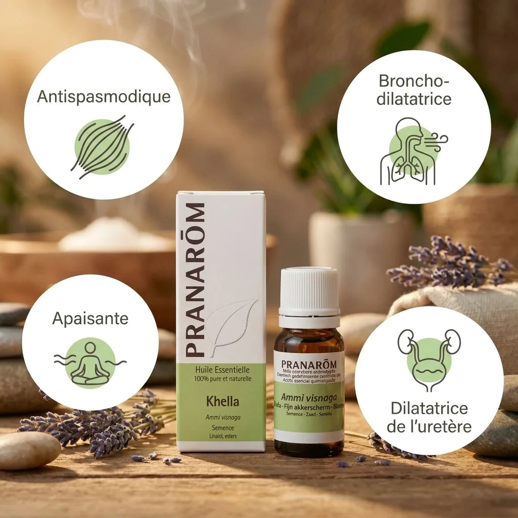 Huile essentielle Khella Pranarom avec flacon, packaging et bénéfices antispasmodique et bronchodilatateur