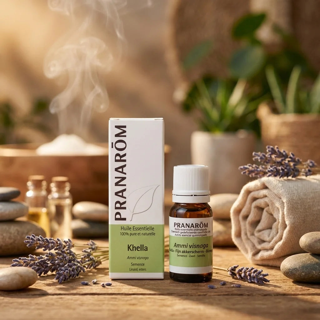 Flacon d'huile essentielle de Khella Pranarom avec lavande et ambiance bien-être naturelle