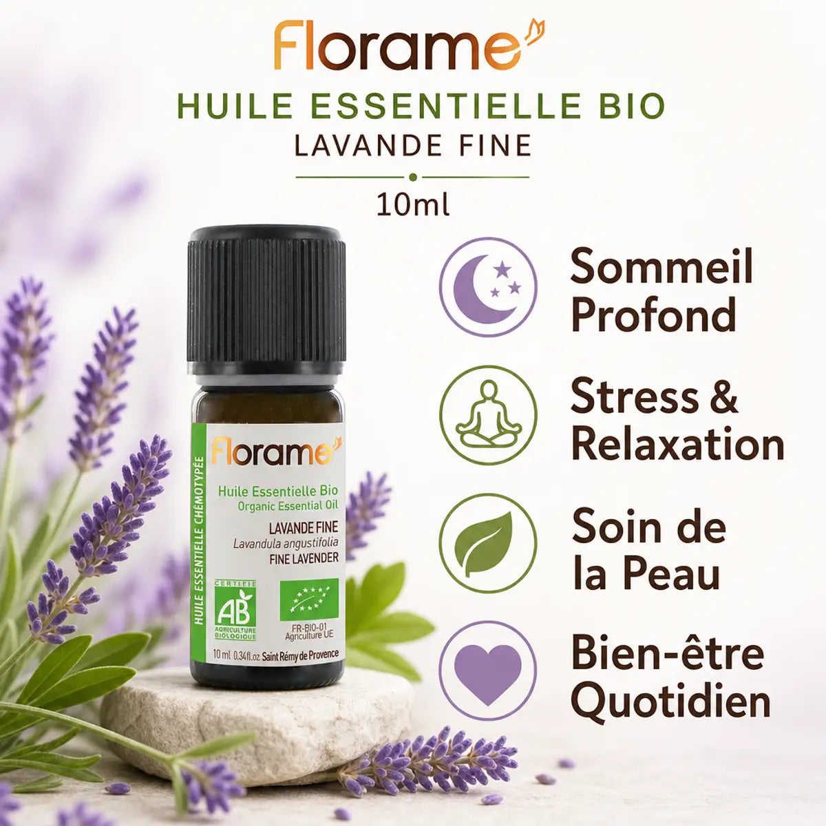 Huile essentielle lavande fine bio 10ml Florame avec bénéfices sommeil relaxation bien-être