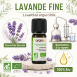 Huile essentielle Lavande Fine bio 10ml Florame avec fleurs et processus distillation vapeur