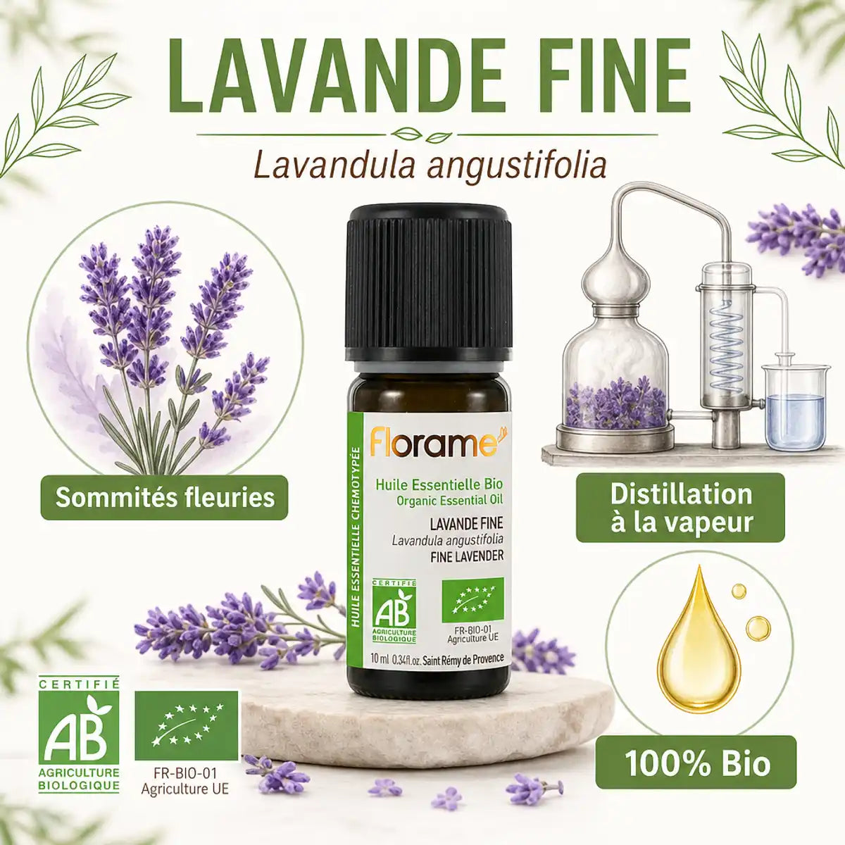 Huile essentielle Lavande Fine bio 10ml Florame avec fleurs et processus distillation vapeur