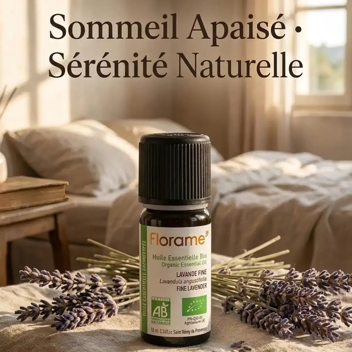 Huile essentielle lavande fine bio 10ml Florame avec lavande séchée et ambiance spa apaisante