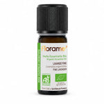 Flacon d'huile essentielle Lavande Fine bio Florame 10 ml avec certification AB sur fond blanc