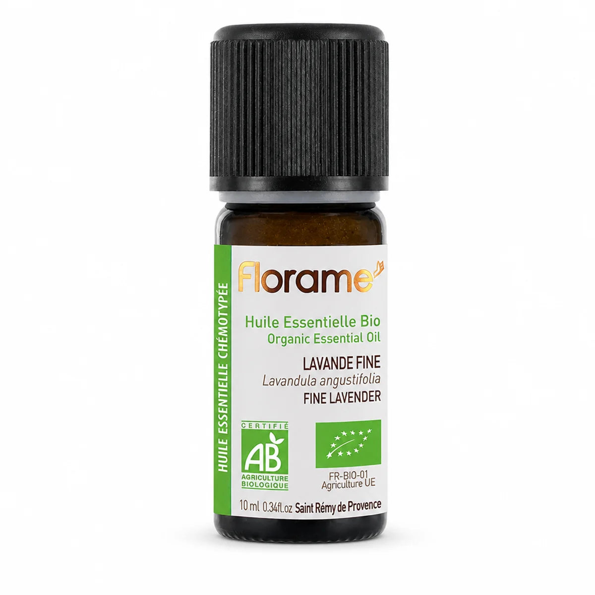 Flacon d'huile essentielle Lavande Fine bio Florame 10 ml avec certification AB sur fond blanc
