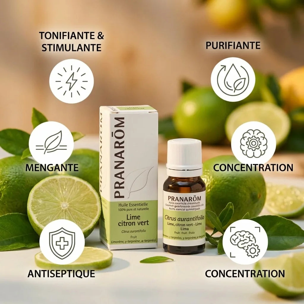Huile essentielle de lime Pranarom avec infographie des bénéfits tonifiants, purifiants et antiseptiques