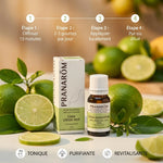 Huile essentielle de lime Pranarom avec mode d'emploi et tranches de citron frais en studio