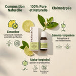 Flacon Pranarom huile essentielle lime citron vert avec composition naturelle et ingrédients actifs limonène terpinène