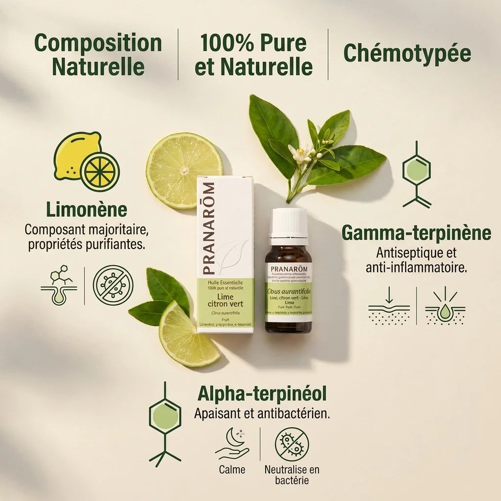 Flacon Pranarom huile essentielle lime citron vert avec composition naturelle et ingrédients actifs limonène terpinène