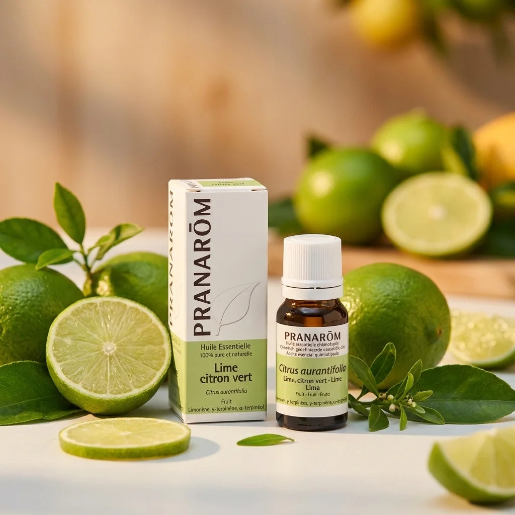 Huile essentielle de lime Pranarom avec fruits citron vert frais et éléments botaniques