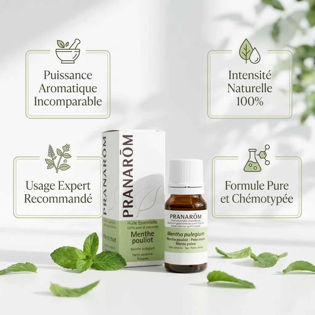 Huile essentielle menthe pouliot Pranarom en flacon ambré avec feuilles fraîches et bénéfices