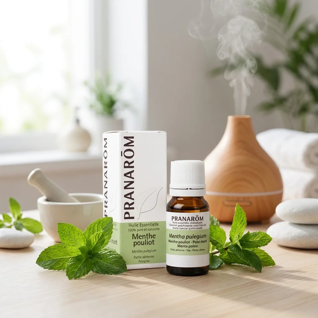 Huile essentielle menthe pouliot Pranarom avec feuilles fraîches et packaging blanc