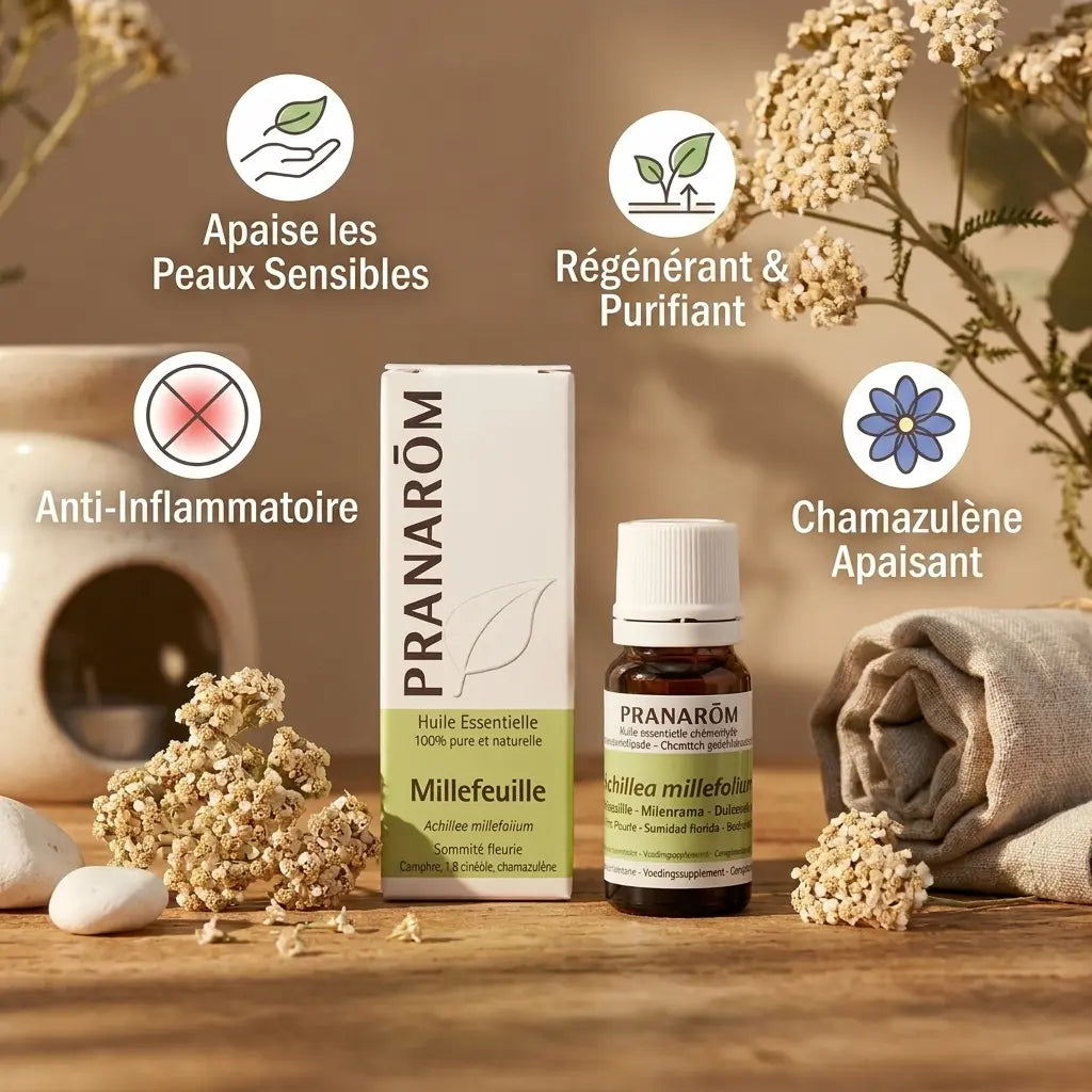 Huile essentielle millefeuille Pranarom avec bénéfices peau : apaisante, anti-inflammatoire, régénérante