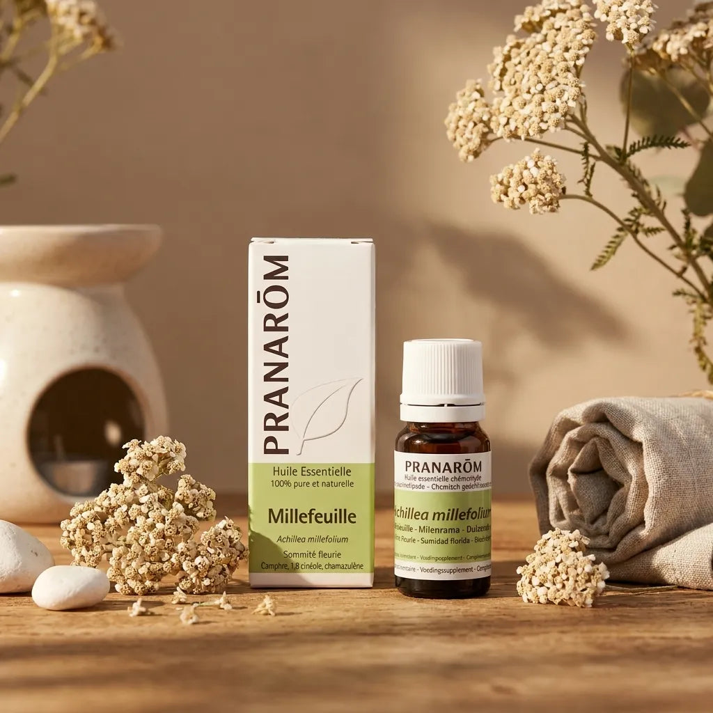 Flacon huile essentielle millefeuille Pranarom entouré de fleurs de yarrow séchées et accessoires bien-être spa