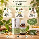 Huile Essentielle d'Elémi Pranarom avec guide d'utilisation et dosage en 3 étapes