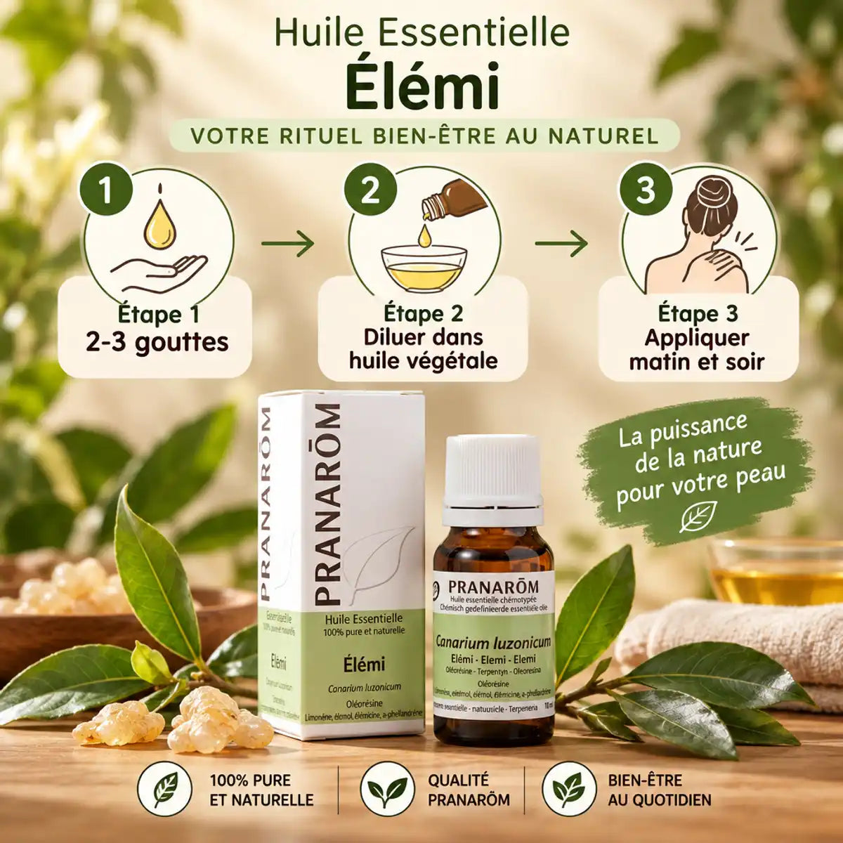 Huile Essentielle d'Elémi Pranarom avec guide d'utilisation et dosage en 3 étapes