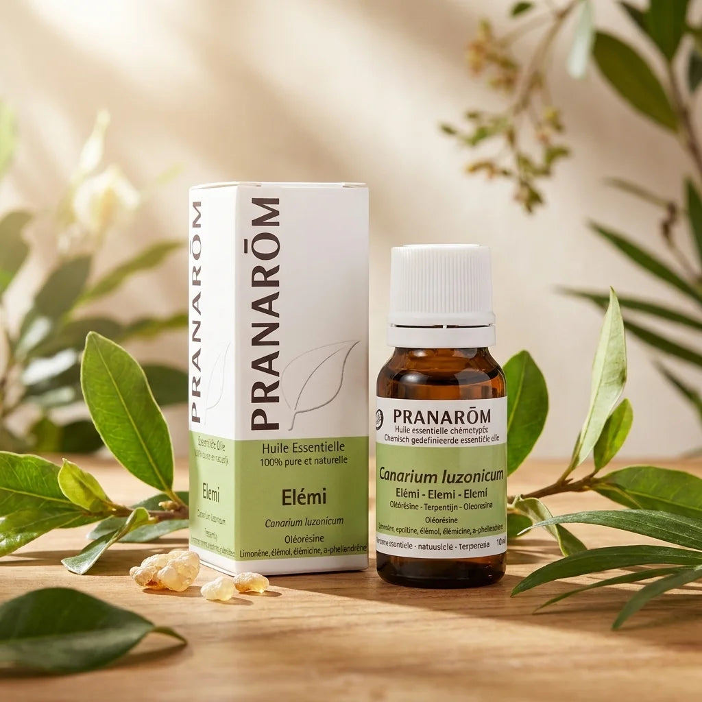 Huile essentielle d'Elémi Pranarom en flacon ambré avec feuilles tropicales naturelles