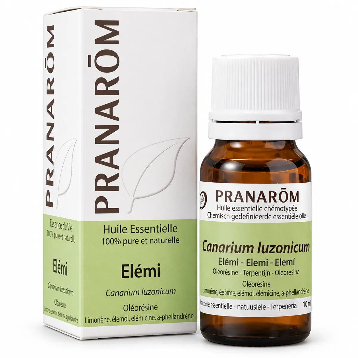Flacon d'huile essentielle Elémi Pranarom avec boîte, fond blanc - Canarium luzonicum