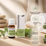 Huile essentielle Eucalyptus smithii Pranarom bio avec ses bénéfits respiratoires et assainissants illustrés