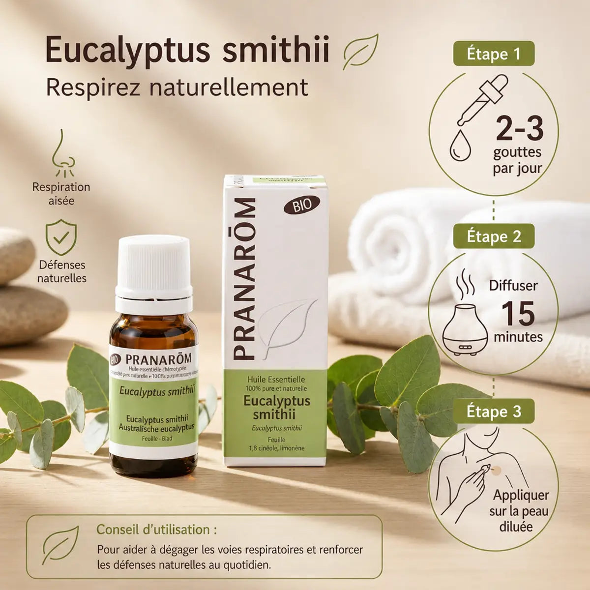 Huile essentielle d'eucalyptus smithii bio Pranarom avec guide d'utilisation et accessoires de diffusion