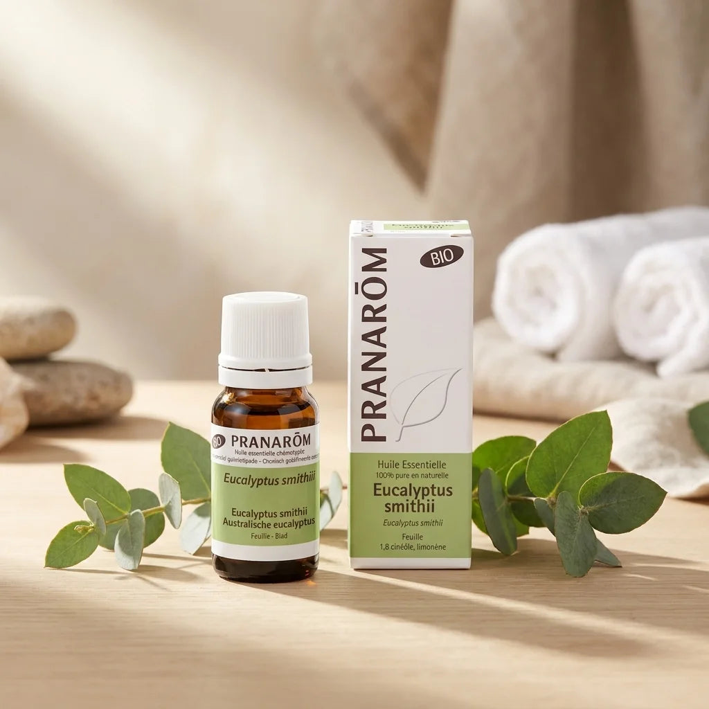 Huile essentielle Eucalyptus smithii bio Pranarom avec feuilles fraîches et emballage vert