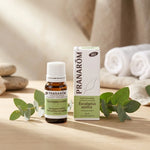 Huile essentielle Eucalyptus smithii bio Pranarom avec feuilles fraîches et emballage vert