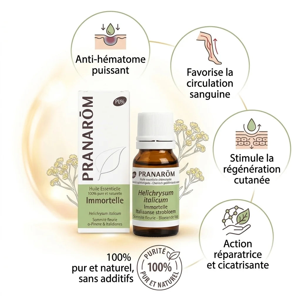 Huile essentielle immortelle Pranarom avec ses 5 bénéfices: anti-hématome, circulation, régénération cutanée