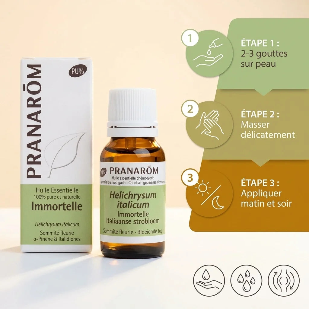 Flacon huile essentielle immortelle Pranarom avec instructions d'application en 3 étapes et guide d'utilisation