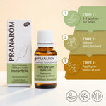 Flacon huile essentielle immortelle Pranarom avec instructions d'application en 3 étapes et guide d'utilisation