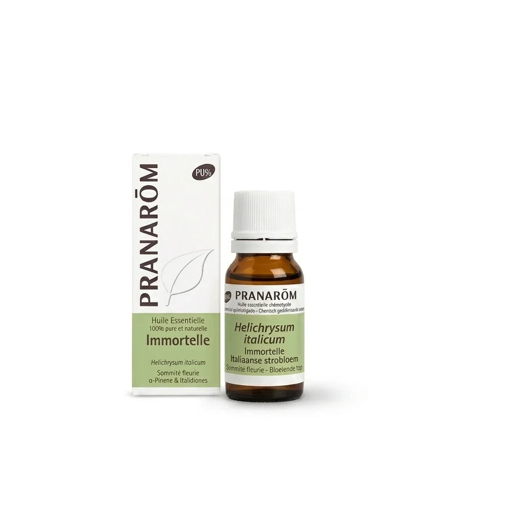 Huile essentielle d'immortelle Pranarom en flacon ambré avec boîte de packaging blanc