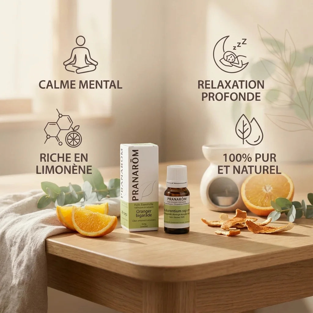Bouteille Huile Essentielle d'Oranger Bigarade Pranarom avec bénéfices : calme mental, relaxation, limonène pur naturel