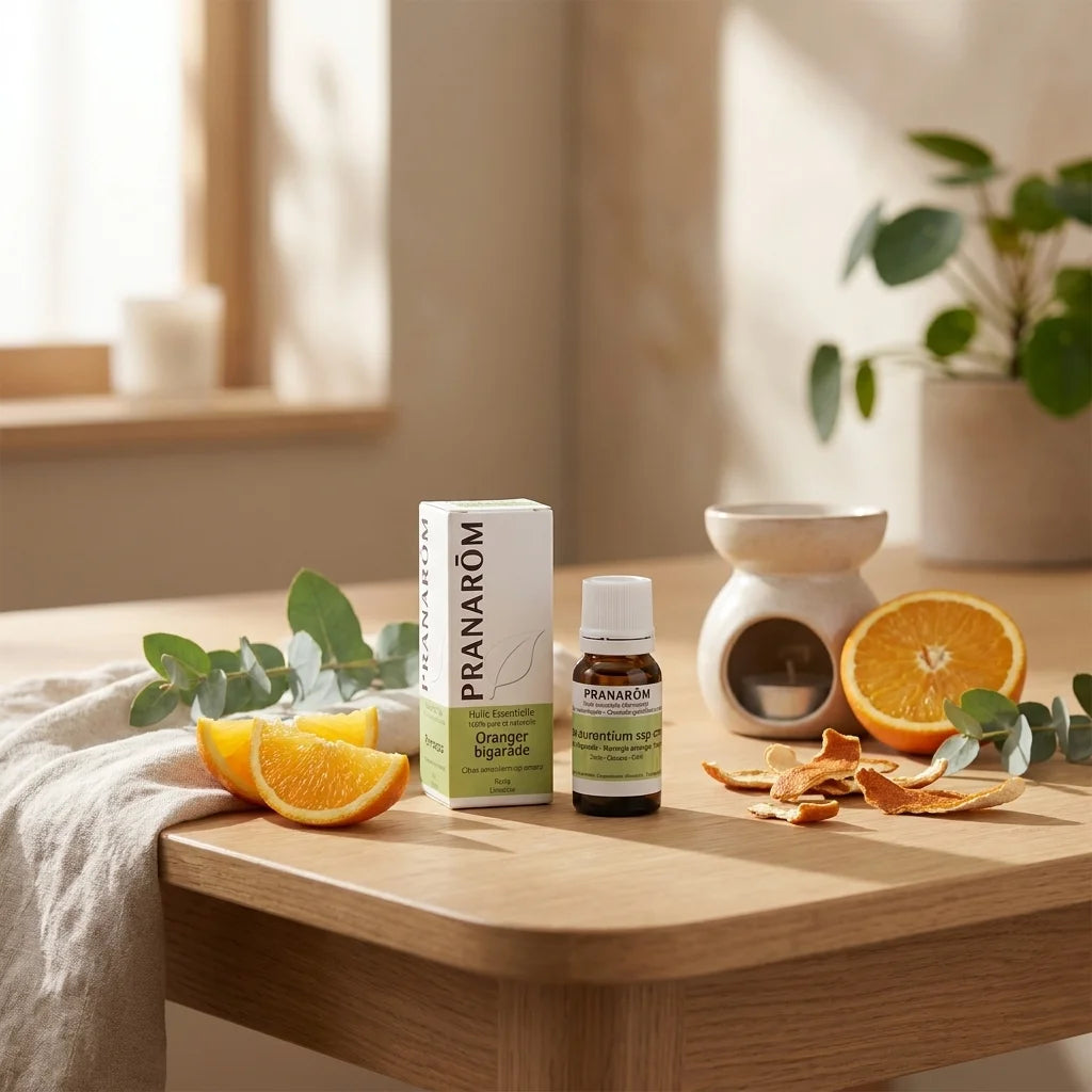 Huile essentielle d'oranger bigarade Pranarom en flacon ambré avec éléments naturels