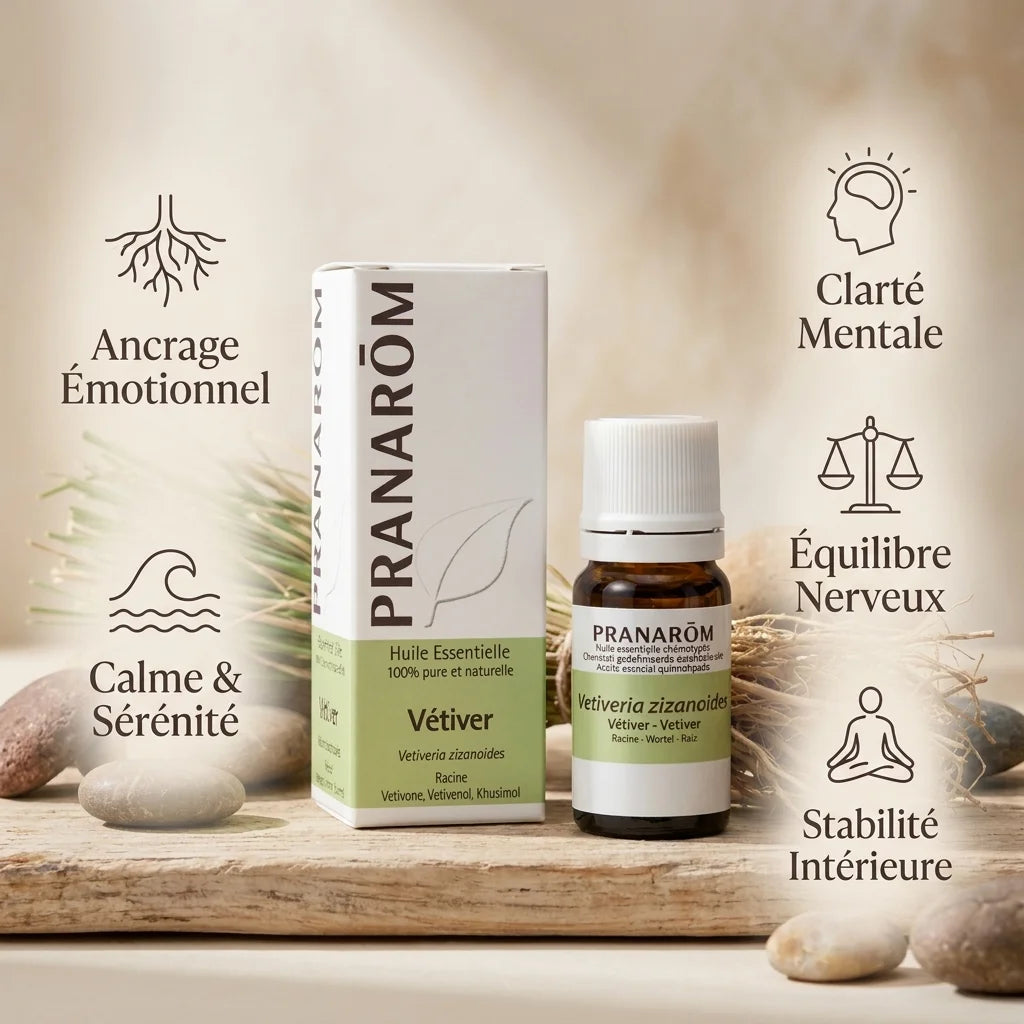 Huile essentielle Vétiver Pranarom avec infographie des 5 bénéfits : ancrage, calme, clarté mentale, équilibre nerveux et stabilité