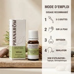 Huile essentielle Vétiver Pranarom - Flacon avec guide d'utilisation et dosage recommandé