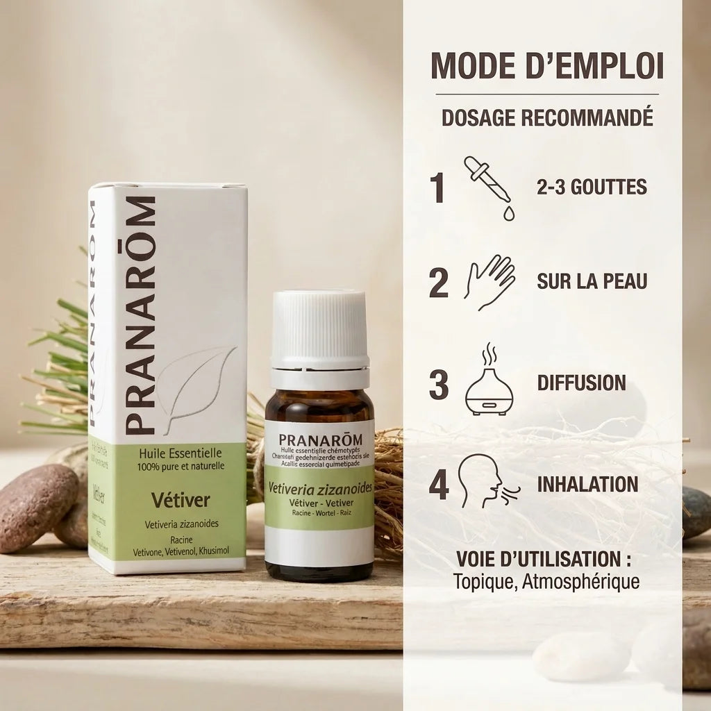 Huile essentielle Vétiver Pranarom - Flacon avec guide d'utilisation et dosage recommandé