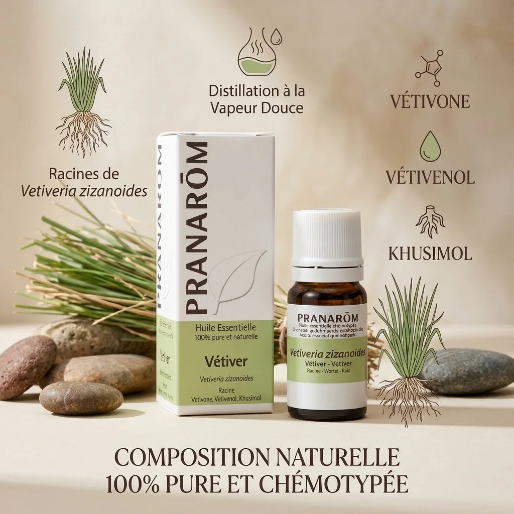 Huile Essentielle Vétiver Pranarom pur et naturel avec composition et ingrédients actifs
