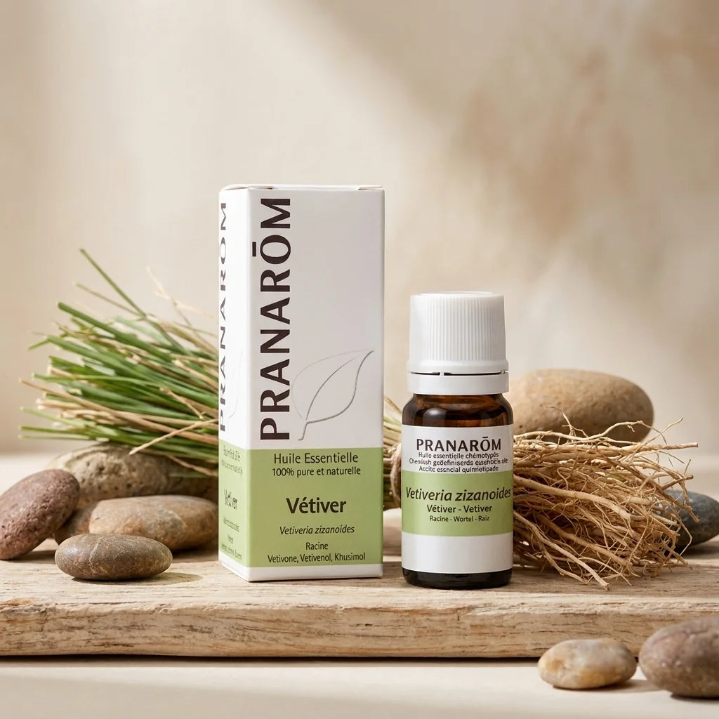 Bouteille Huile Essentielle Vétiver Pranarom avec son emballage blanc sur surface bois naturelle et racines vétiver