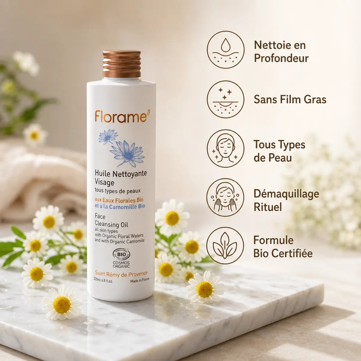 Huile Nettoyante Visage bio Florame avec fleurs de camomille et bénéfices clés
