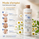 Huile nettoyante visage bio Florame flacon blanc avec mode d'emploi étapes application massage rinçage