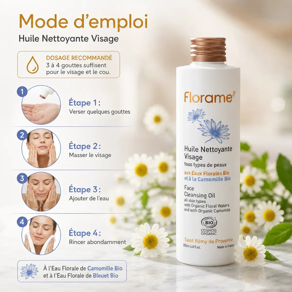 Huile nettoyante visage bio Florame flacon blanc avec mode d'emploi étapes application massage rinçage
