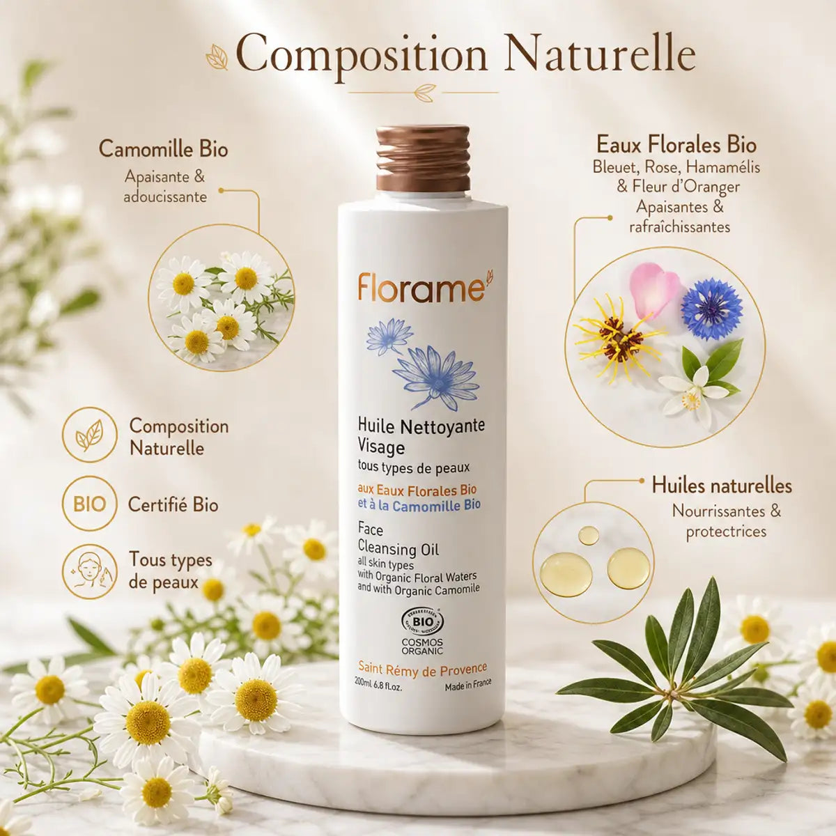 Huile Nettoyante Visage Florame bio avec ingrédients botaniques naturels certifiés